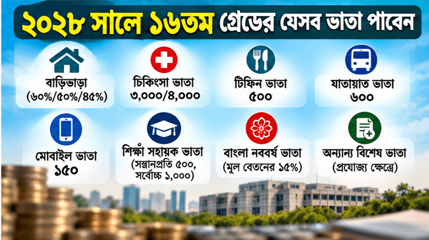 ২০২৮ সালে ১৬তম গ্রেডের সরকারি কর্মচারীর মোট বেতন কত? নতুন বেতন ও ভাতার পূর্ণ হিসাব